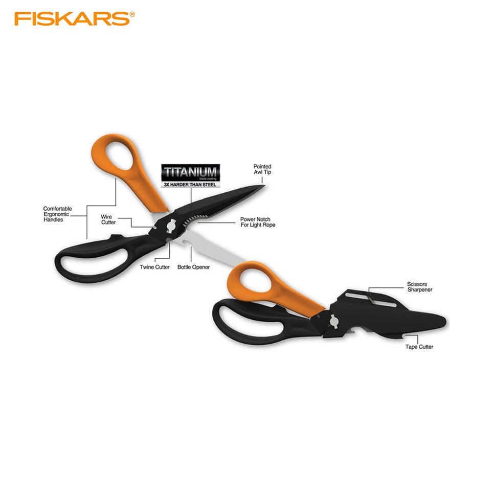 Fiskars Multipurpose Garden Pruning Shears includes Power Notch to Cut  Rope, Awl Tip to Pierce, Bottle Opener, Titanium Knife with Sheath/ Tape  Cutter/ Ceramic Scissors Sharpener