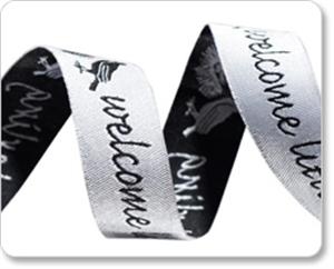 5/8"-Black On White Welcome Little Darling Novelty Jacquard Ribbon - Image 2