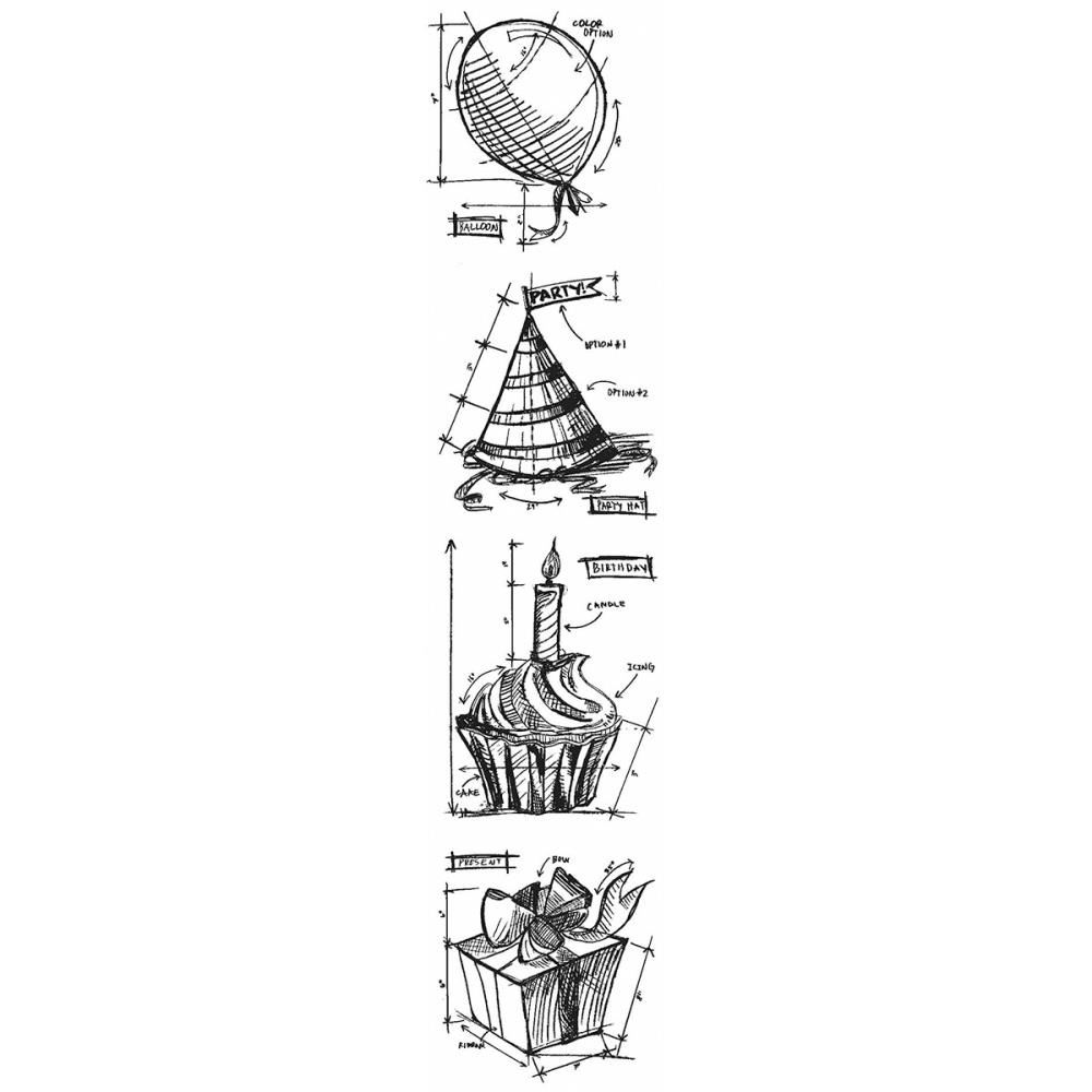 Tim Holtz Mini Blueprints Strip Cling Rubber Stamps 3X10 - Birthday